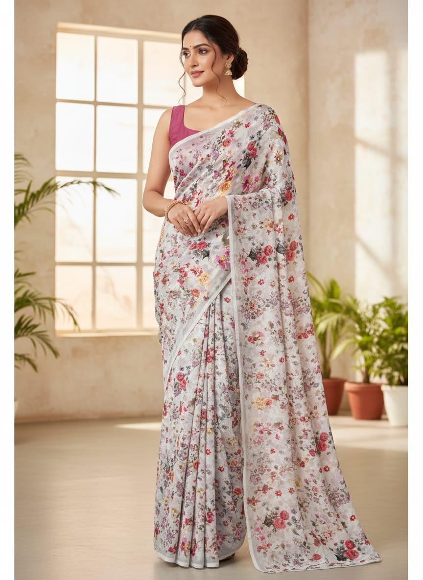 Beautifull Red And Pink Camellia Rose Of Branch Digital Printed Fabric - Silk Crepe