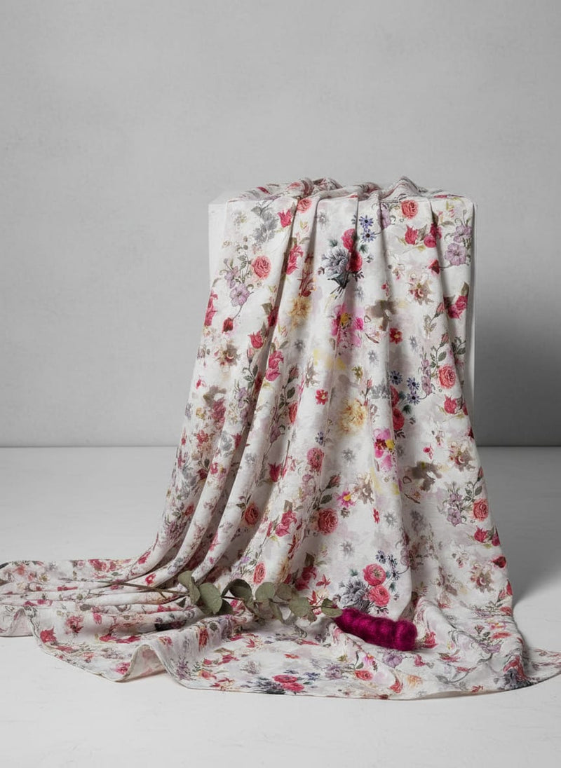 Beautifull Red And Pink Camellia Rose Of Branch Digital Printed Fabric - Cotton