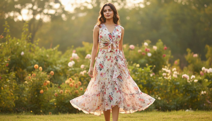 Beautifull Red And Pink Camellia Rose Of Branch Digital Printed Fabric - Pure Georgette