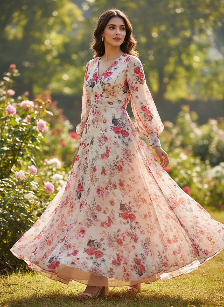 Beautifull Red And Pink Camellia Rose Of Branch Digital Printed Fabric - Pure Georgette