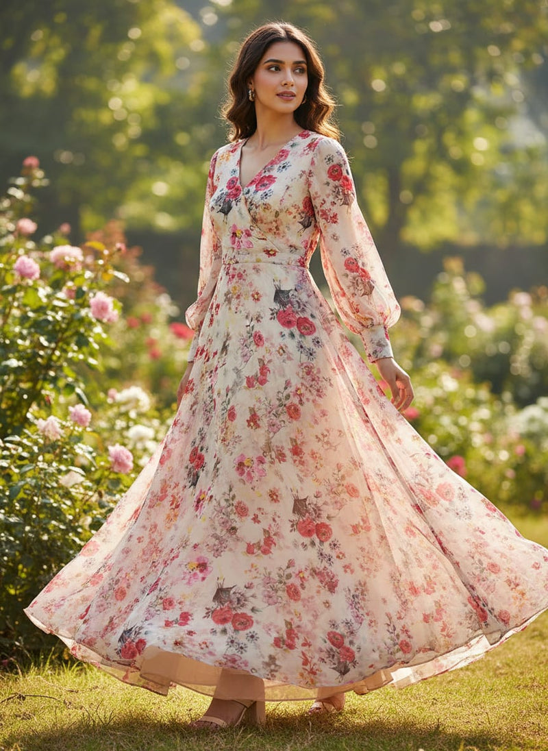 Beautifull Red And Pink Camellia Rose Of Branch Digital Printed Fabric - Pure Georgette