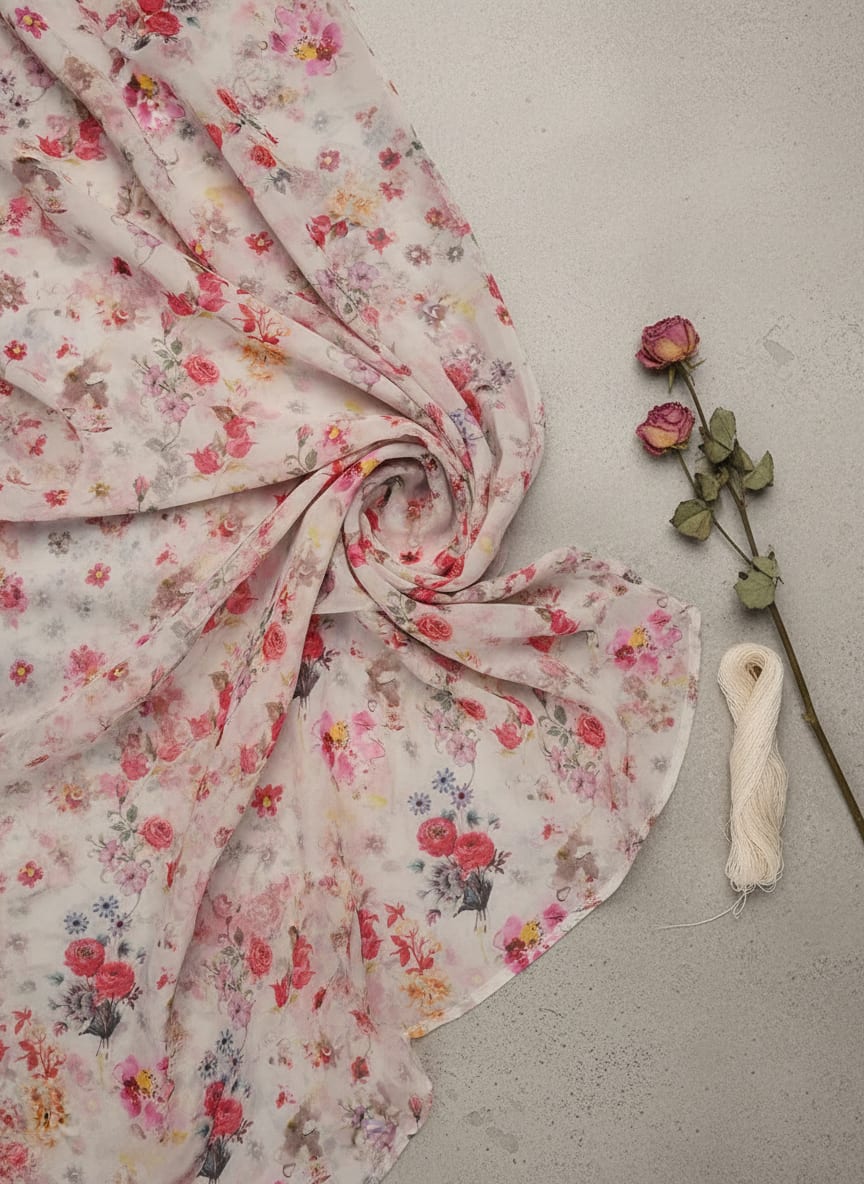 Beautifull Red And Pink Camellia Rose Of Branch Digital Printed Fabric - Pure Georgette