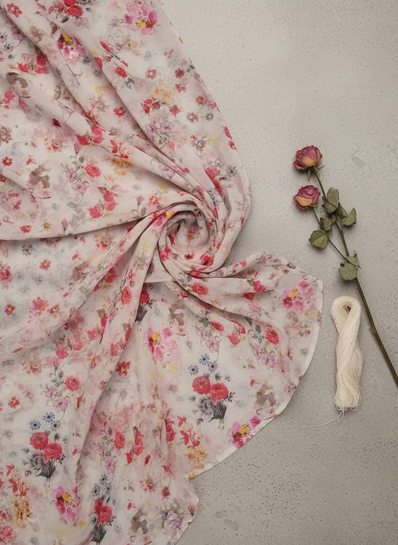 Beautifull Red And Pink Camellia Rose Of Branch Digital Printed Fabric - Pure Georgette