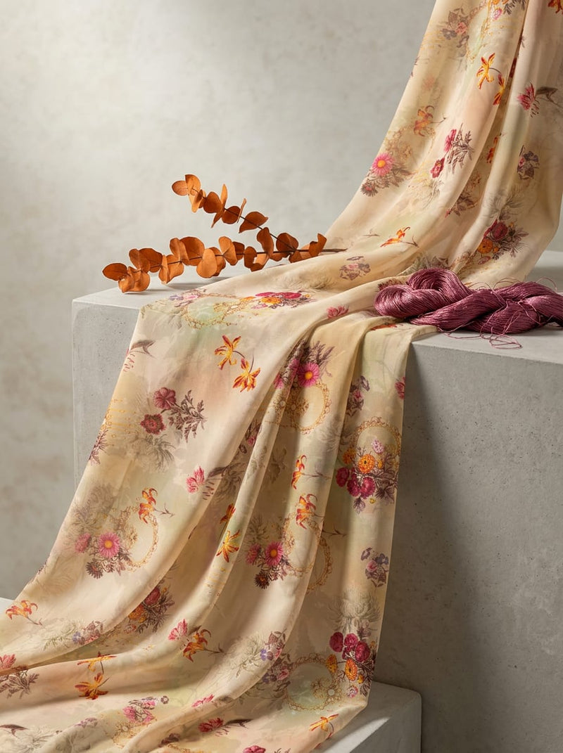 Cream Vintage Floral Bouquet Weightless Digital Printed Fabric
