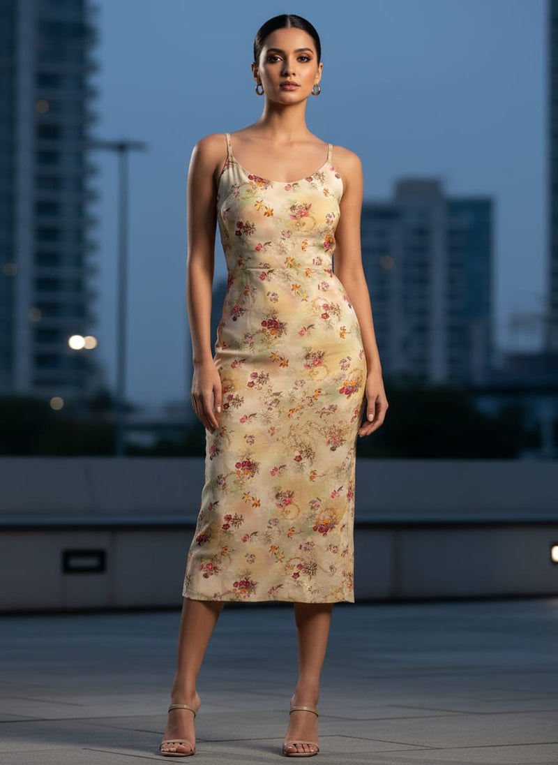 Cream Vintage Floral Bouquet Silk Crepe Digital Printed Fabric