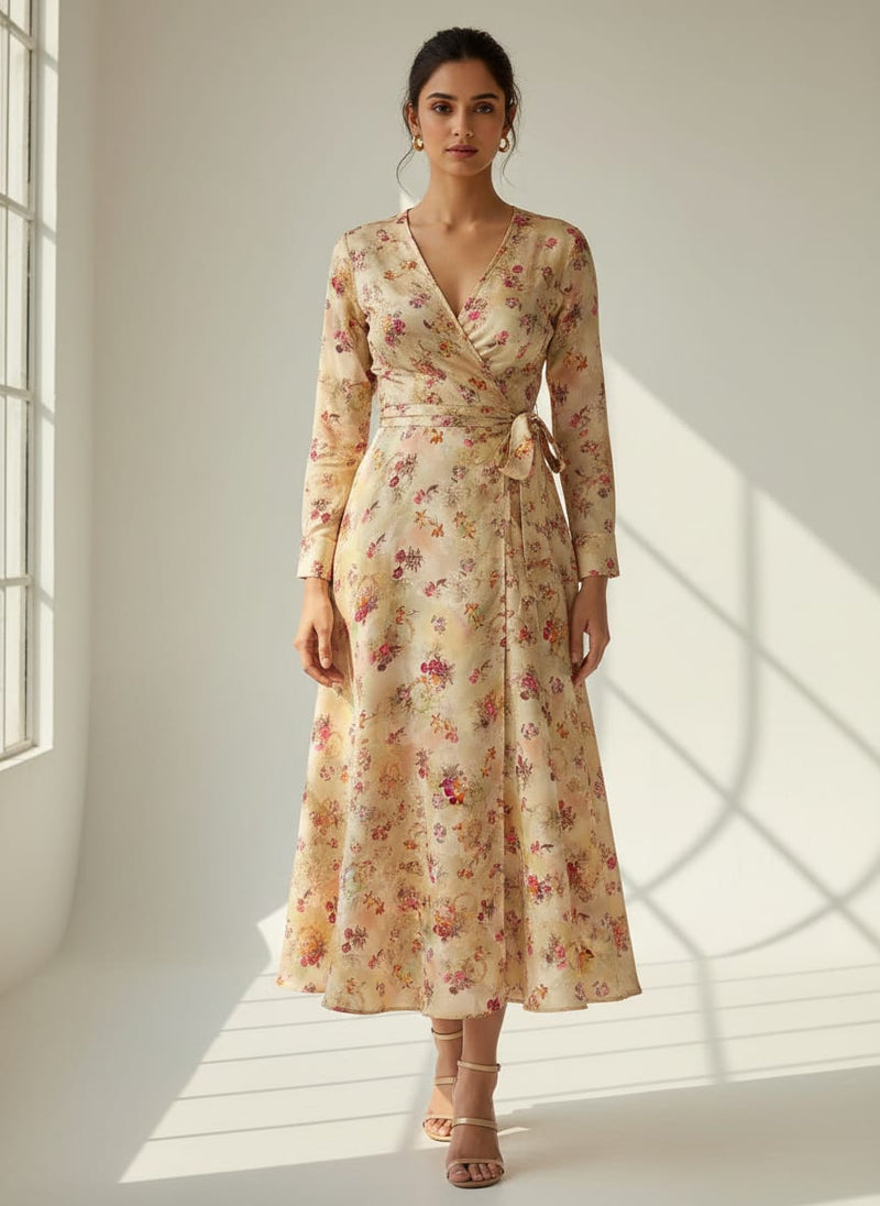 Cream Vintage Floral Bouquet Silk Crepe Digital Printed Fabric
