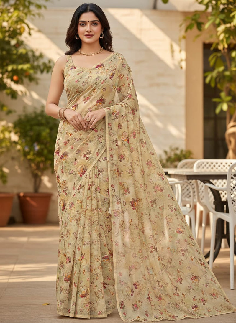 Cream Vintage Floral Bouquet Silk Crepe Digital Printed Fabric