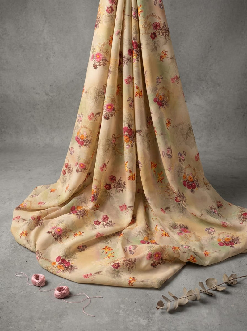 Cream Dainty Floral Bouquets Pure Cotton Digital Printed Fabric