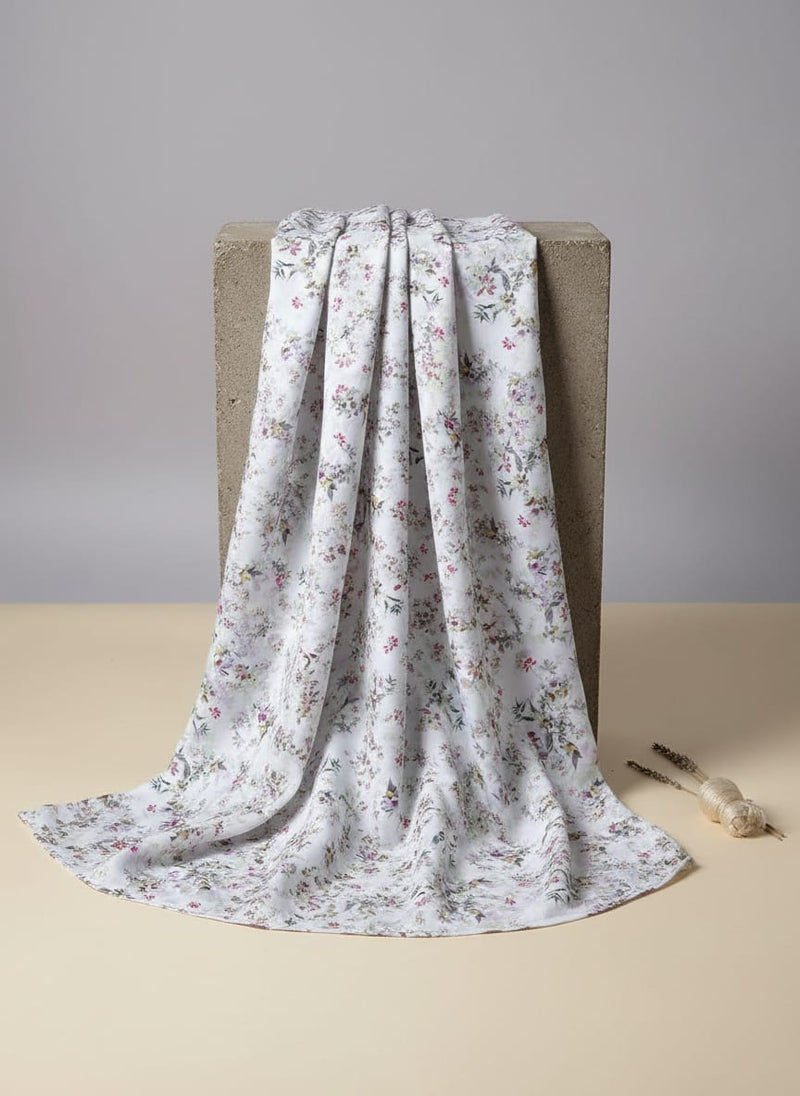 White Dainty Watercolour Floral Japan Satin Digital Printed Fabric