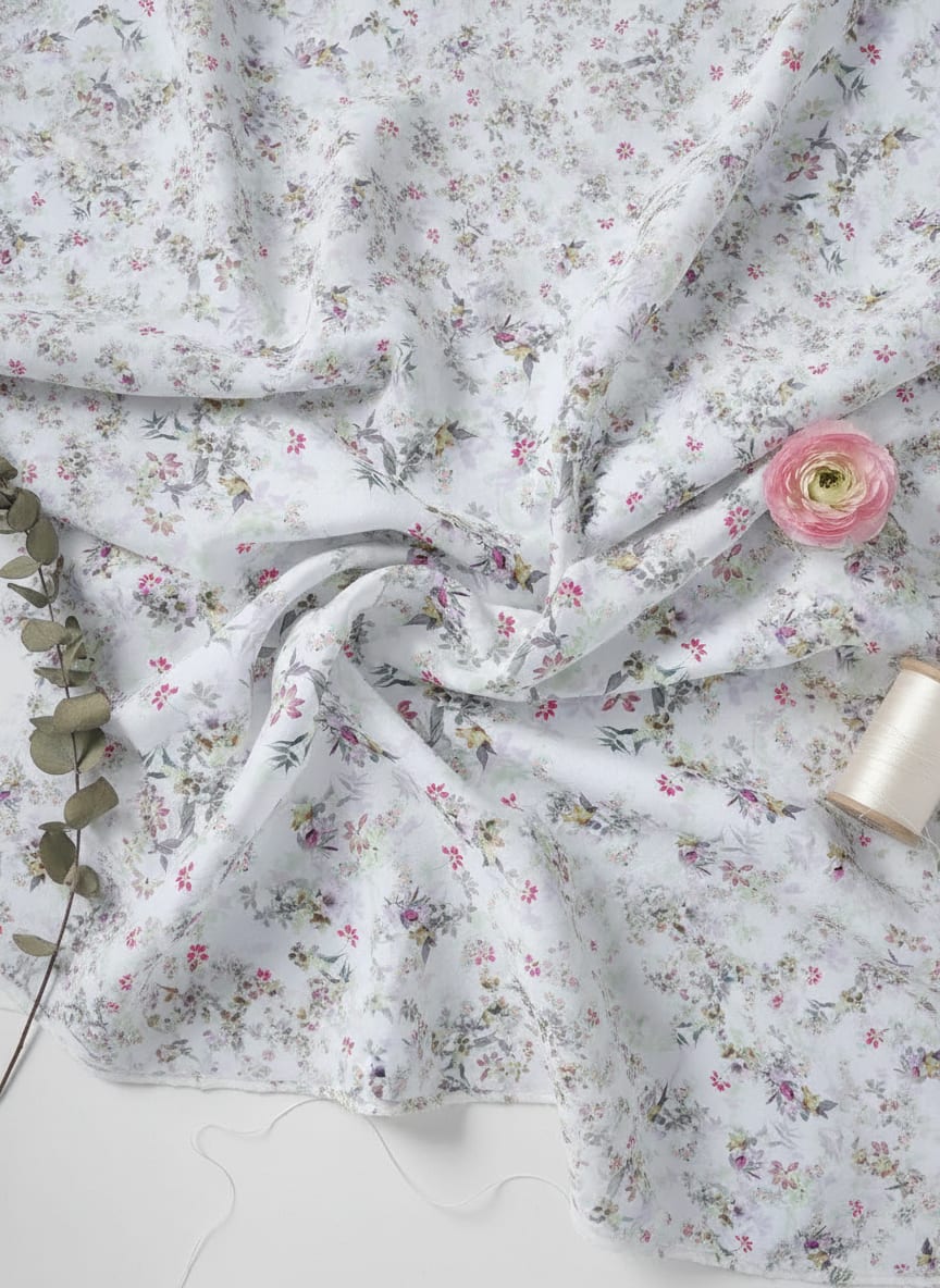 White Small Watercolour Floral Weightless Digital Printed Fabric