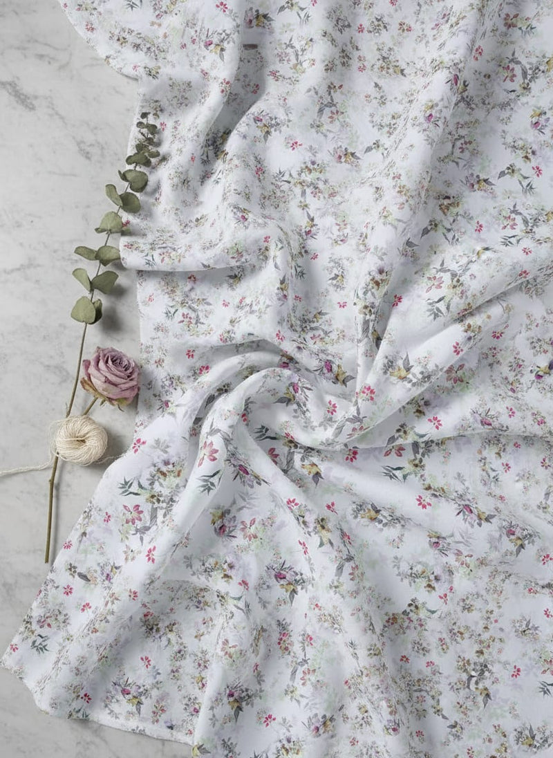 Tiny Iris With Leaves Digital Printed Fabric - Silk Crepe