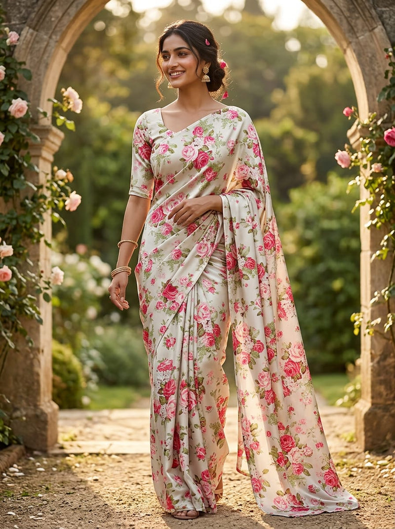 Pink Classic Rose Garden Floral Japan Satin Digital Printed Fabric