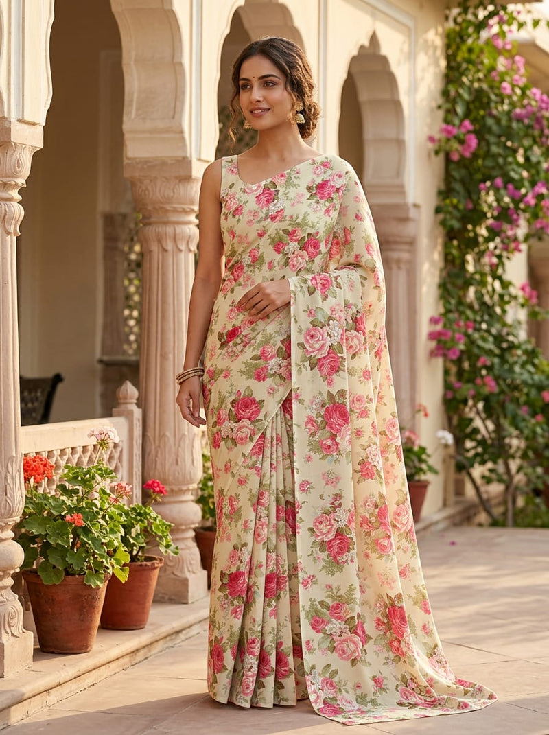 Pink Vintage Rose Floral Silk Crepe Digital Printed Fabric