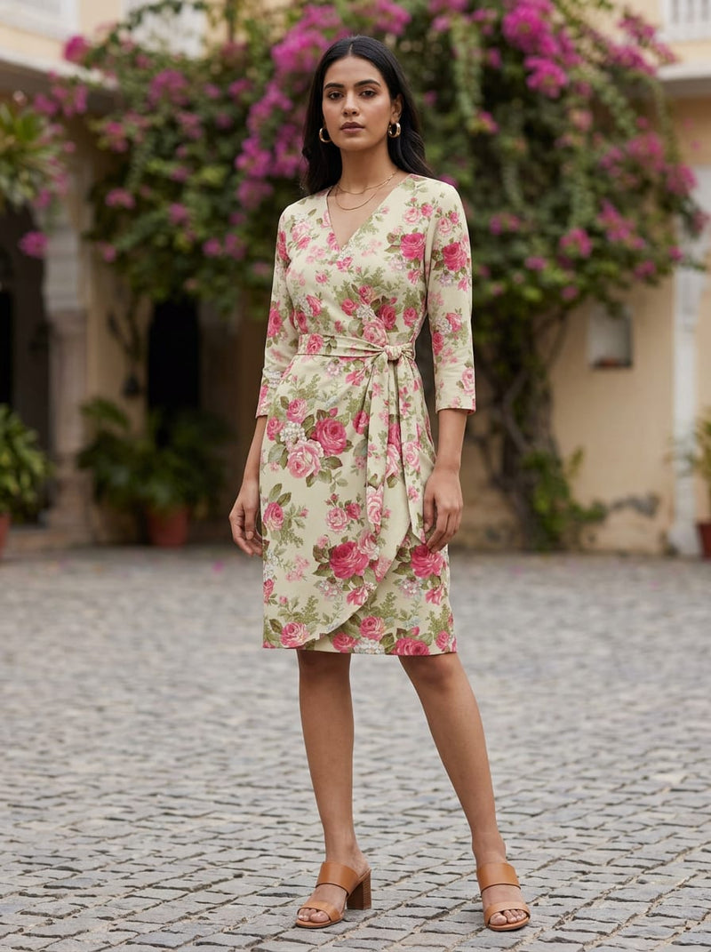 Pink Vintage Rose Floral Silk Crepe Digital Printed Fabric