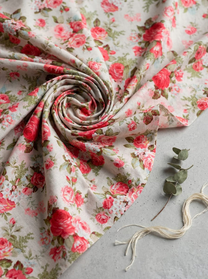 Multicolor Vintage Rose Garden Floral Pure Cotton Digital Printed Fabric