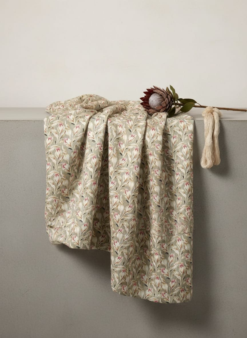 Olive Protea Bud Floral Japan Satin Digital Printed Fabric