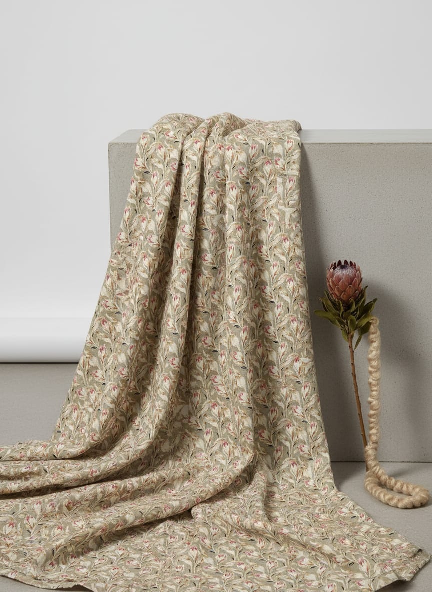 Olive Vintage Protea Floral Pure Cotton Digital Printed Fabric