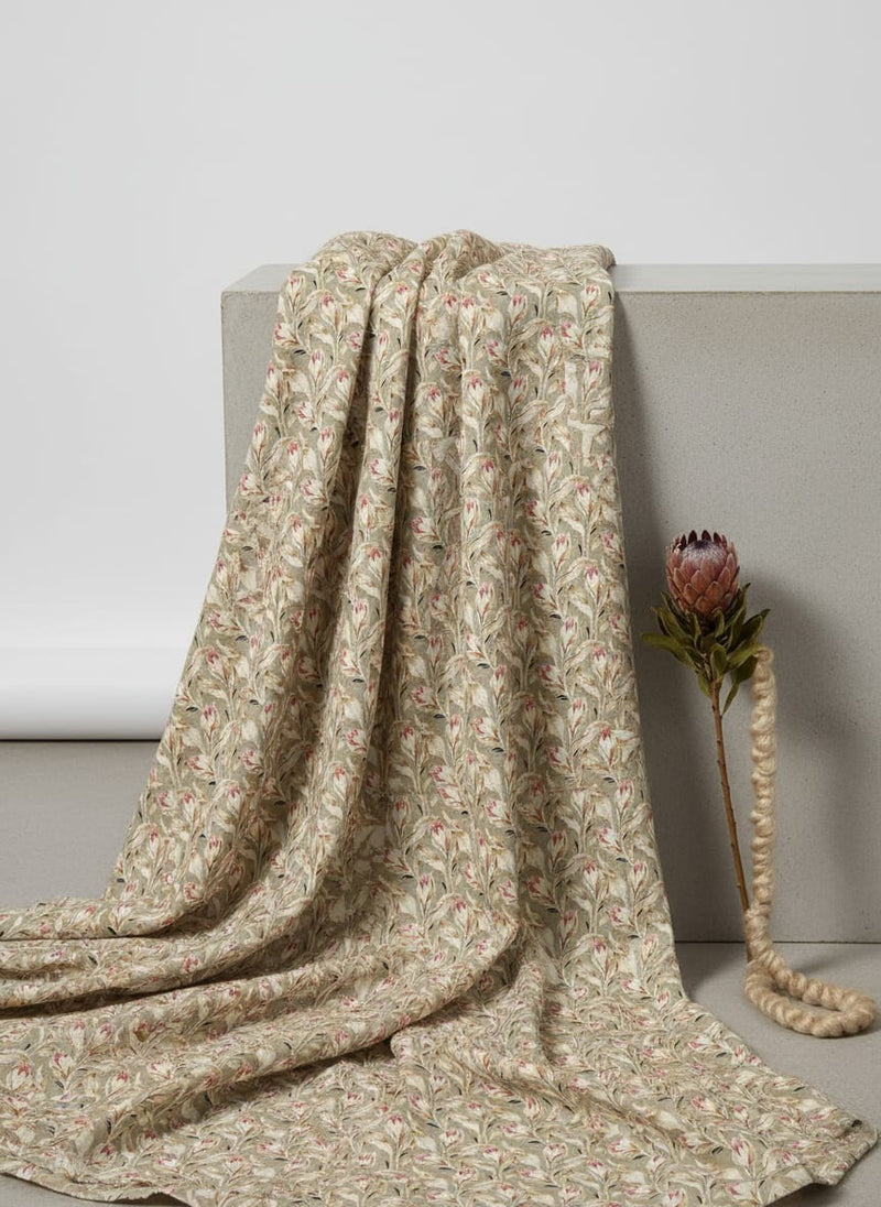 Olive Vintage Protea Floral Pure Cotton Digital Printed Fabric