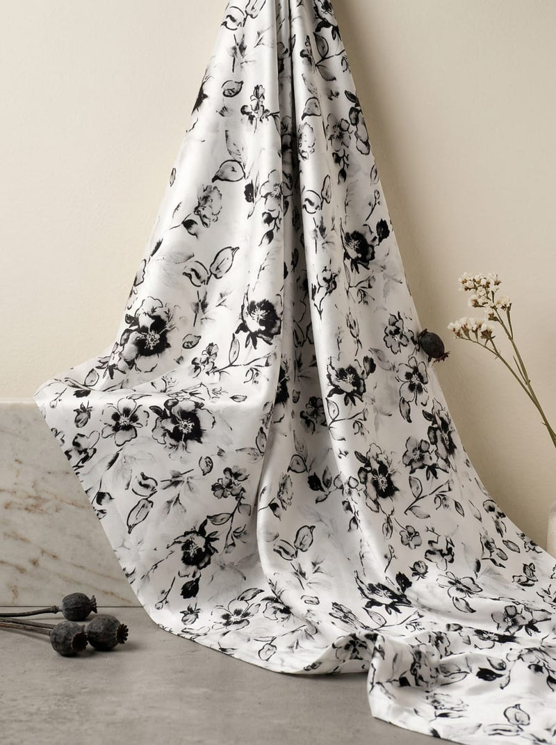 White Monochrome Floral Sketch Japan Satin Digital Printed Fabric