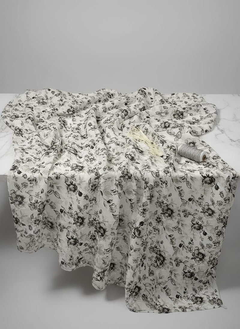 White Greyscale Watercolour Floral Pure Cotton Digital Printed Fabric