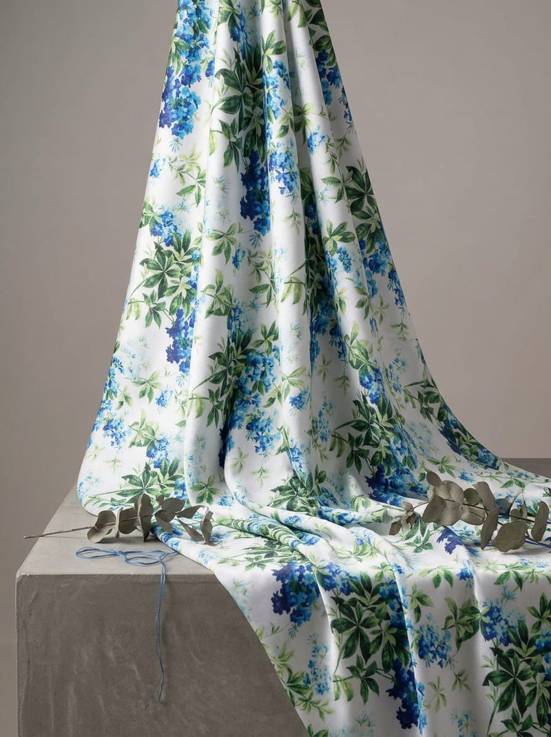 Multicolor Blue Botanical Floral Vine Japan Satin Digital Printed Fabric