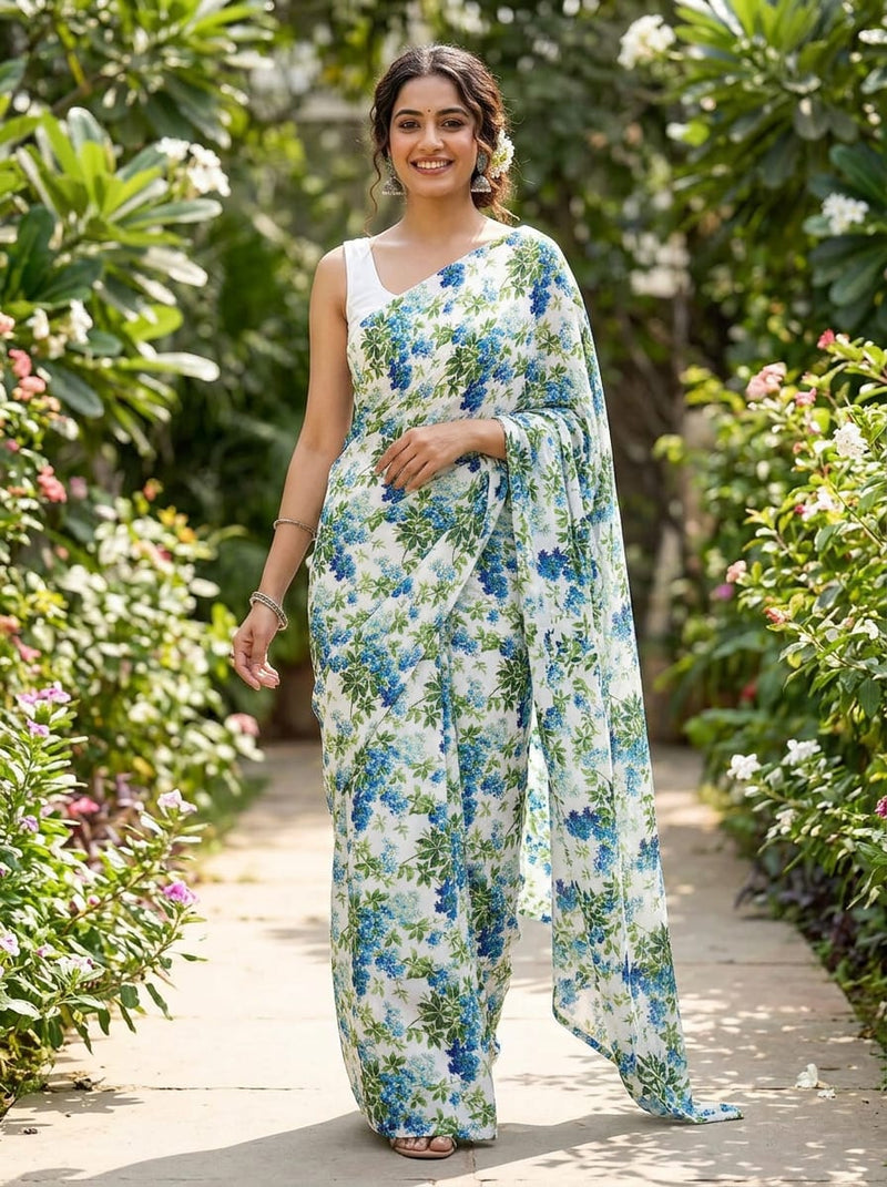 Blue Botanical Floral Vine Silk Crepe Digital Printed Fabric
