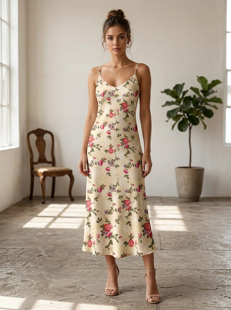 Cream Classic Rose and Bud Floral Japan Satin Digital Printed Fabric