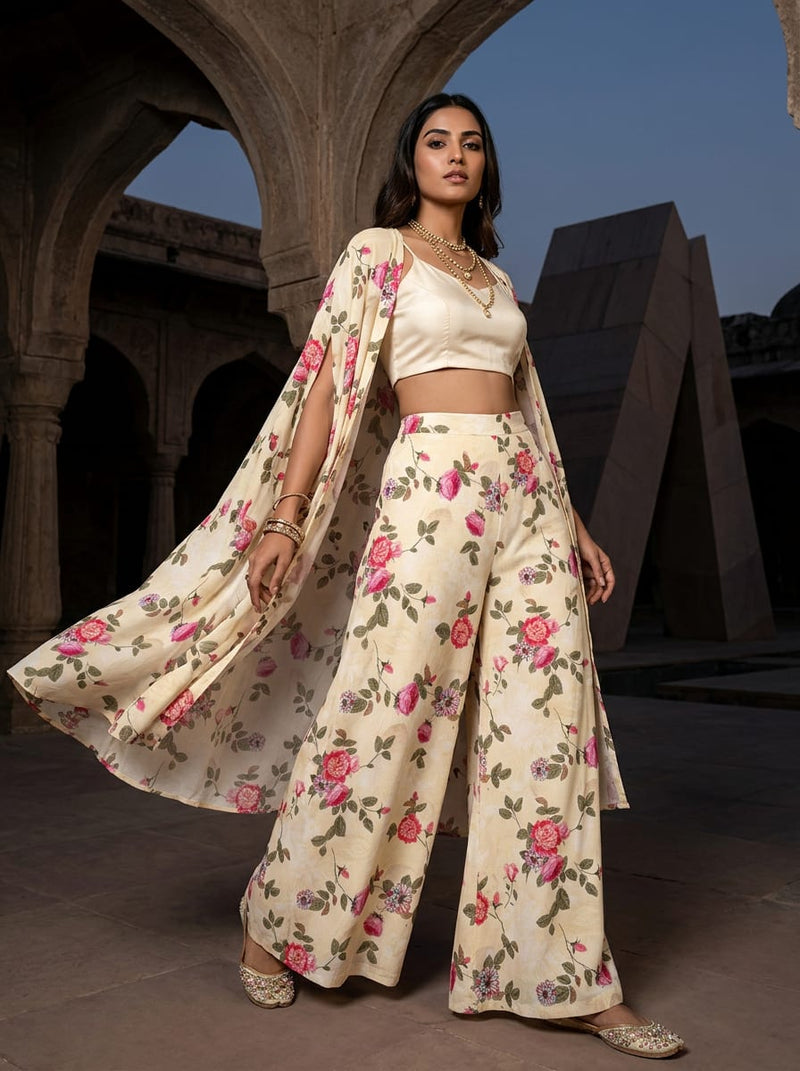 Cream Vintage Rose Floral Weightless Digital Printed Fabric