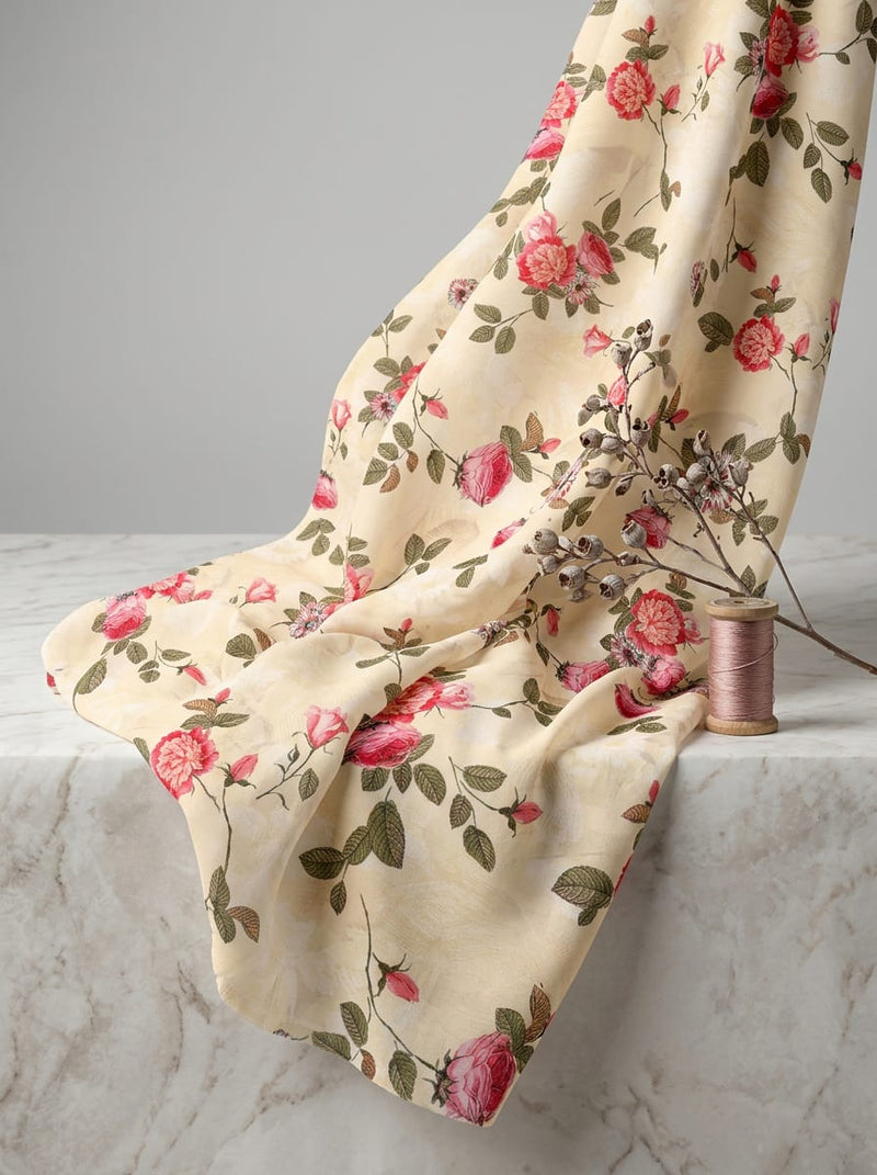 Cream Vintage Rose Floral Weightless Digital Printed Fabric