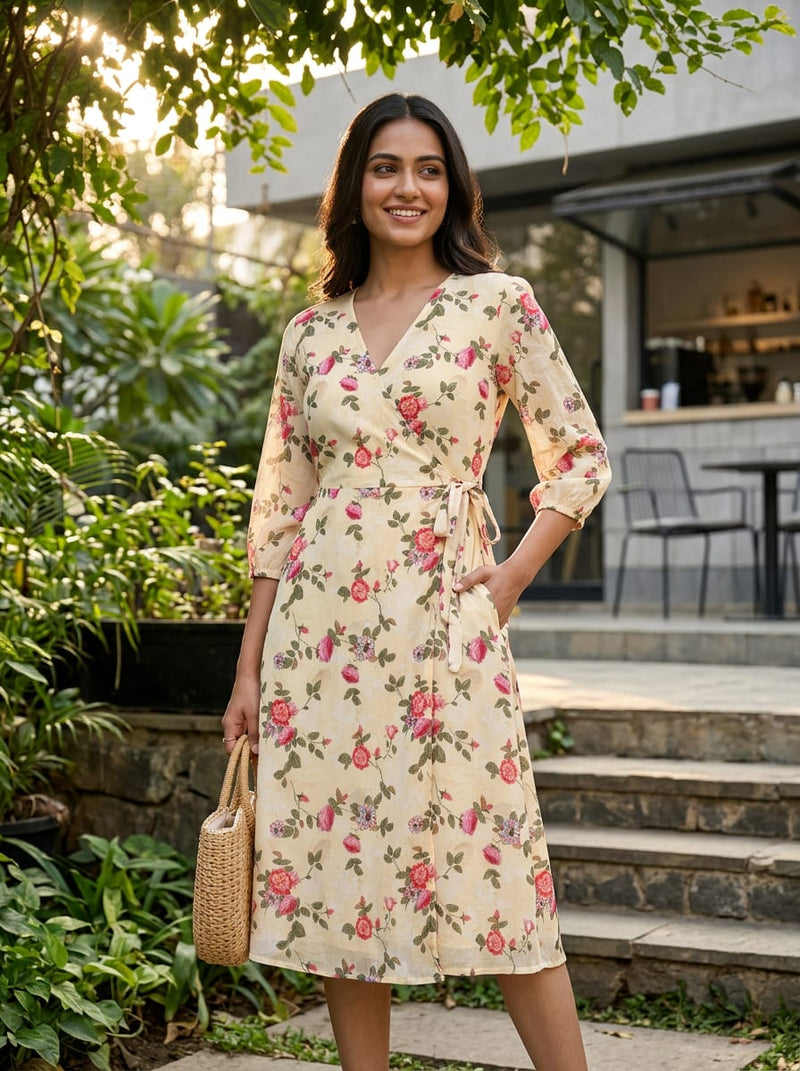 Cream Vintage Rose Floral Weightless Digital Printed Fabric