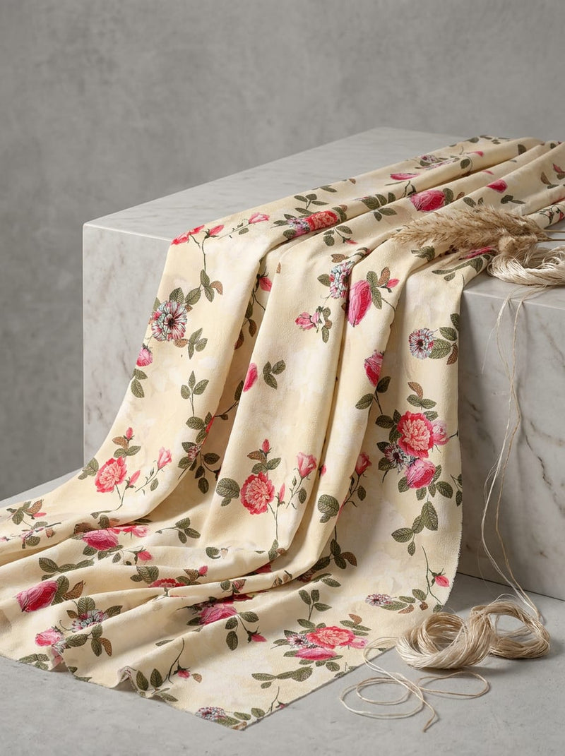 Cream Vintage Rose Floral Vine Silk Crepe Digital Printed Fabric