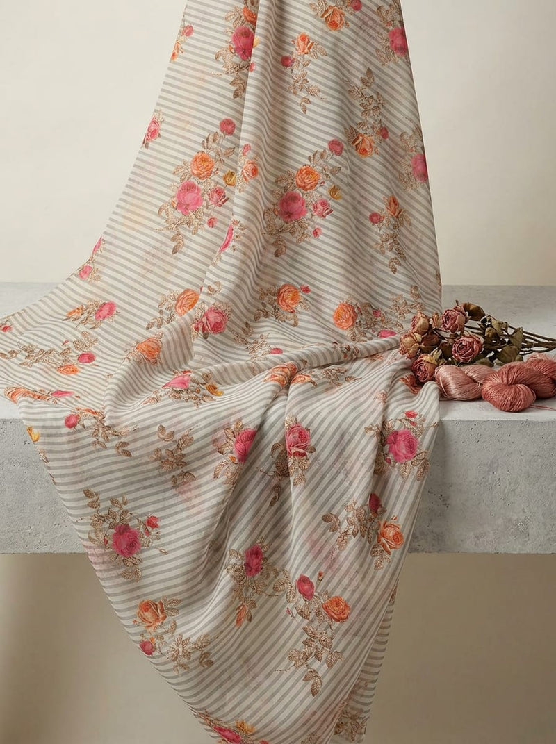 Multicolor Vintage Floral Roses on Grey Stripes Weightless Digital Printed Fabric