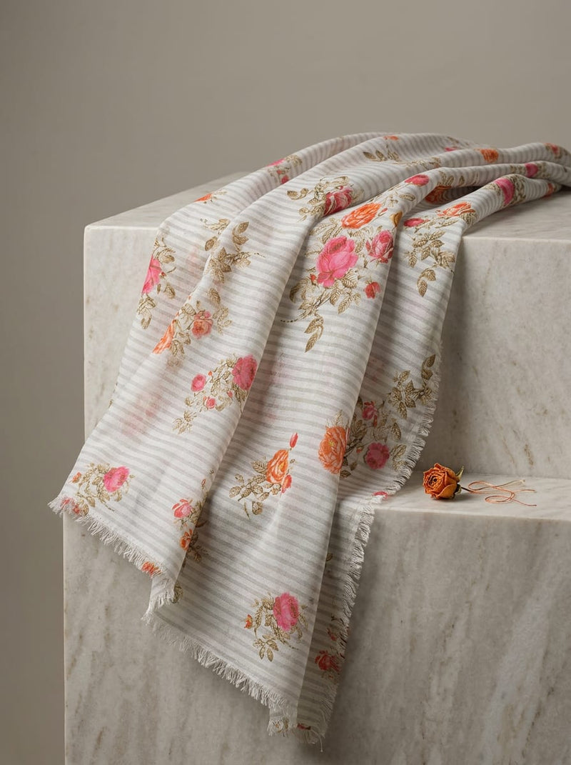 Multicolor Vintage Rose Floral Stripe Muslin Digital Printed Fabric