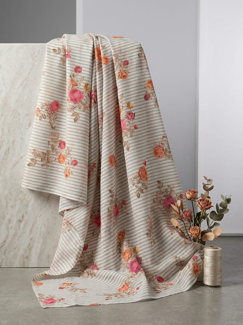 Multicolor Vintage Floral on Striped Pattern Pure Cotton Digital Printed Fabric