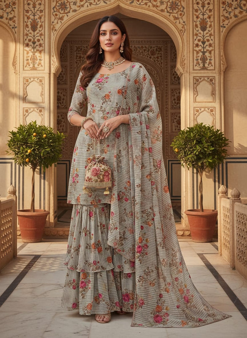 Peony Floral Strips Orange With Red Digital Printed Fabric - Pure Georgette