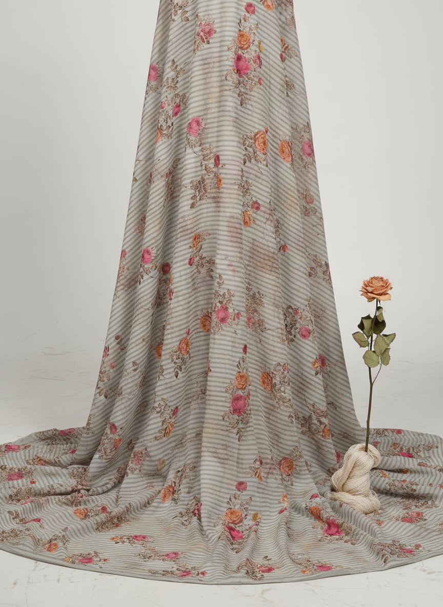 Peony Floral Strips Orange With Red Digital Printed Fabric - Pure Georgette