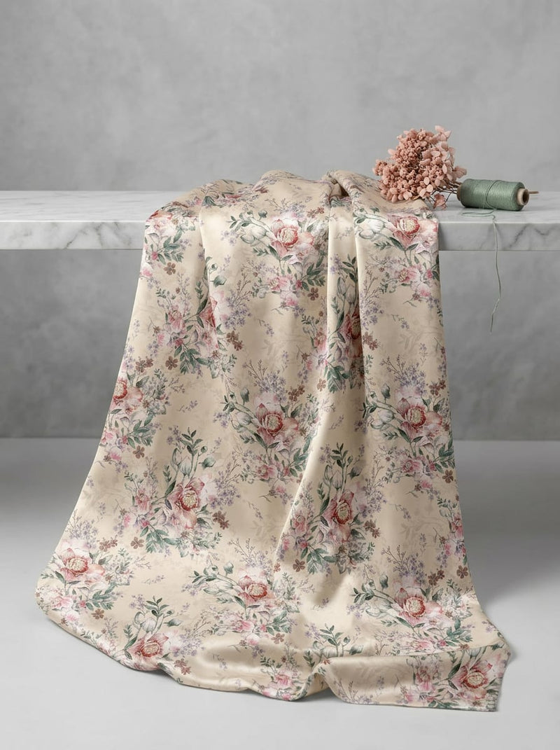 Cream Vintage Floral Bouquet Japan Satin Digital Printed Fabric