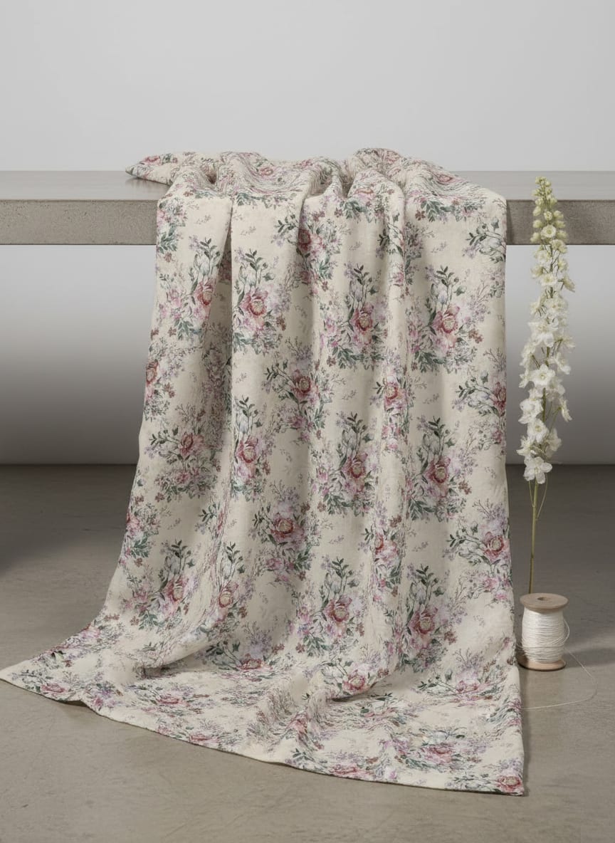 Cream Vintage Rose Floral Bouquet Muslin Digital Printed Fabric