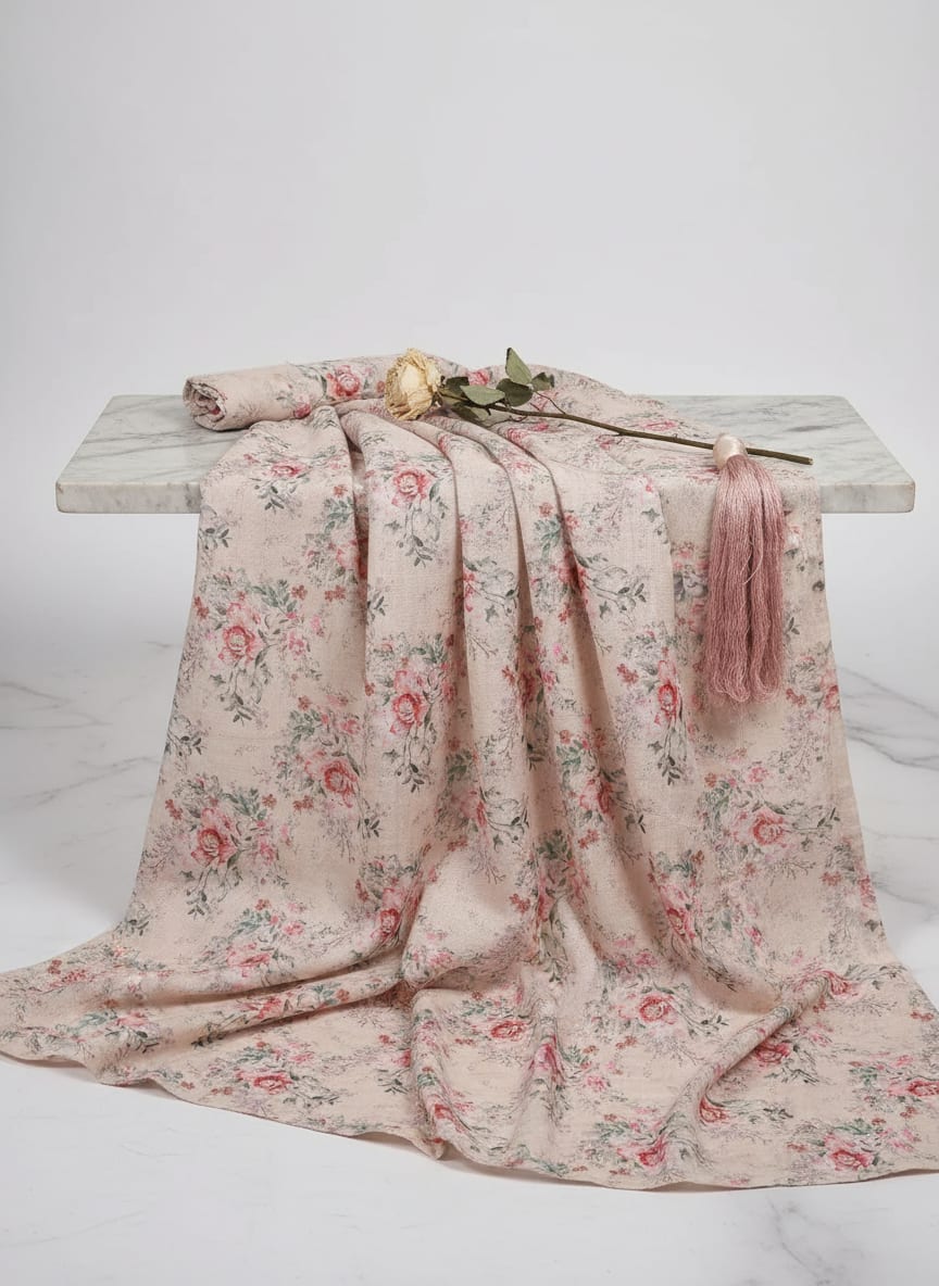 Cream Watercolor Rose Floral Pure Cotton Digital Printed Fabric