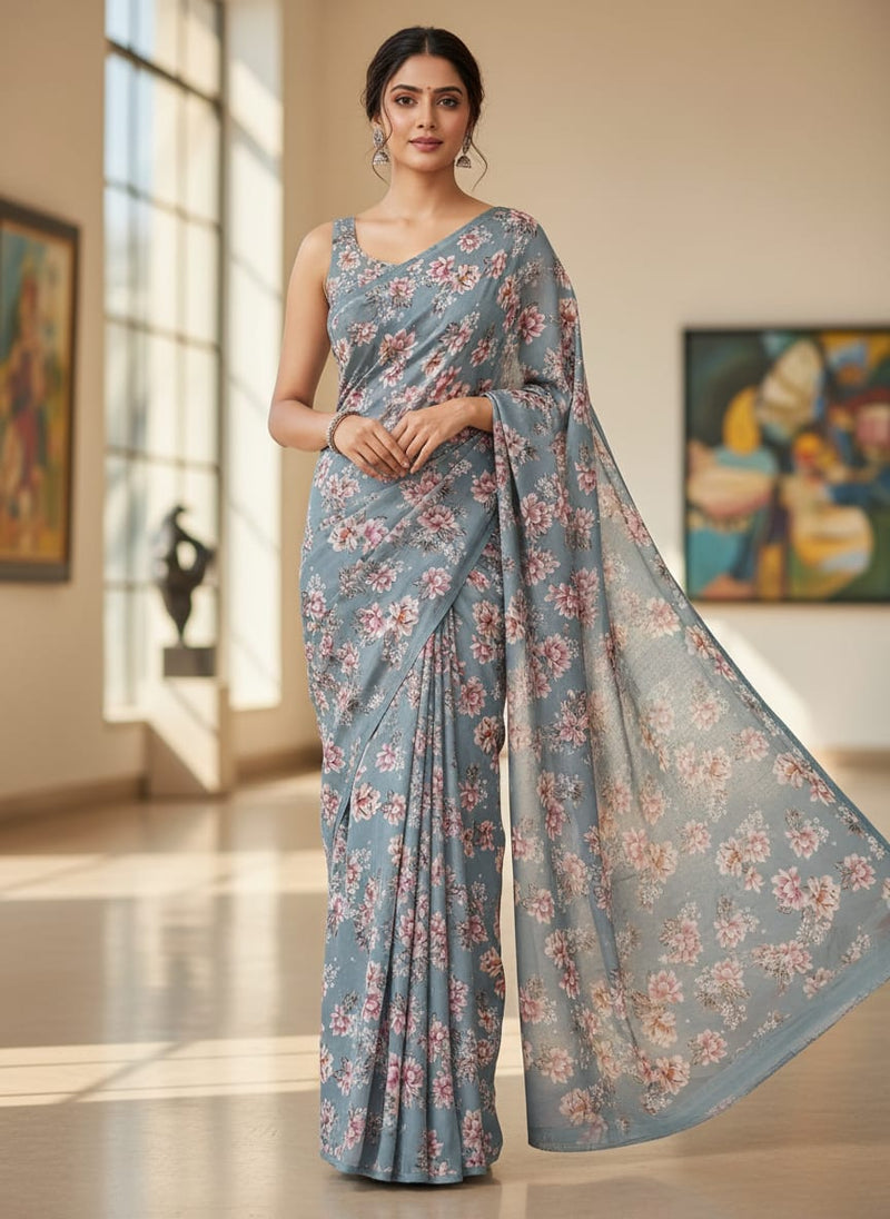 Grey Soft Peony Floral Print Japan Satin Digital Printed Fabric