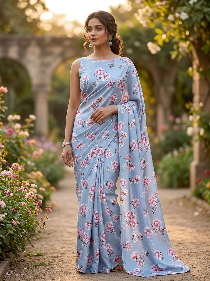 Blue Pink Magnolia and Gypsophila Floral Silk Crepe Digital Printed Fabric
