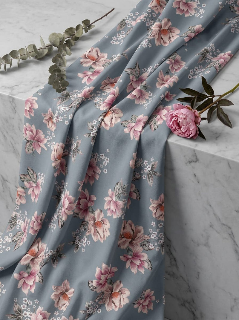 Grey Soft Pink Floral Bouquets Pure Cotton Digital Printed Fabric