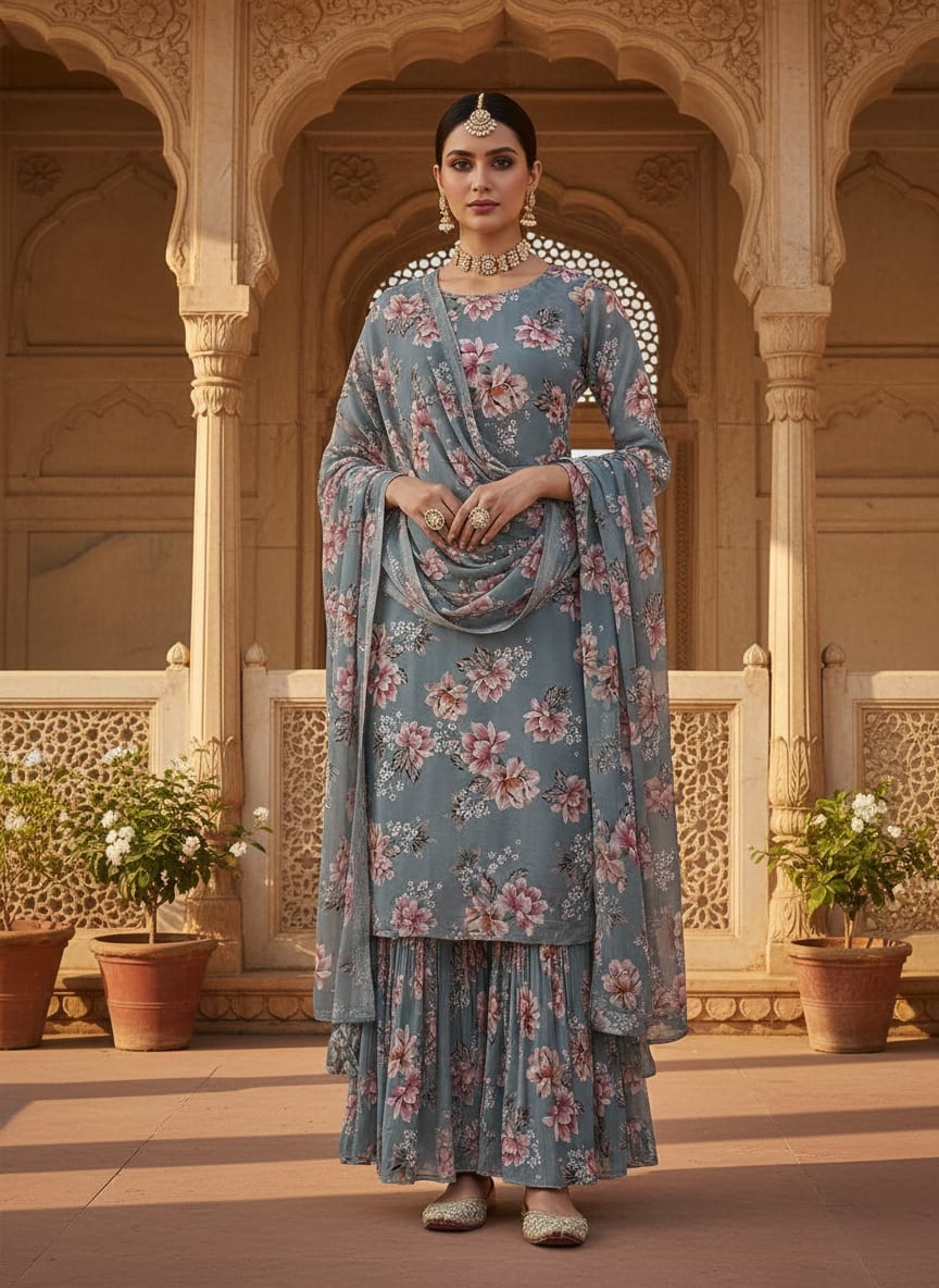 Decorative Tiny Chintz With Lily Digital Printed Fabric - Pure Georgette