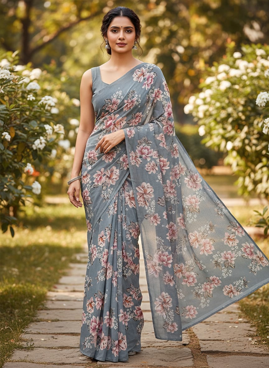 Decorative Tiny Chintz With Lily Digital Printed Fabric - Pure Georgette