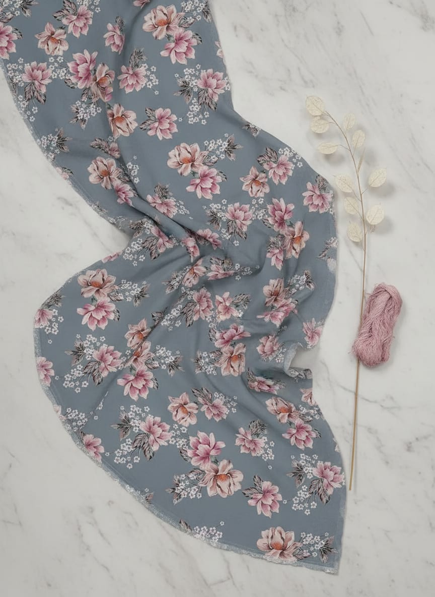 Grey Soft Pink Floral Pure Georgette Digital Printed Fabric