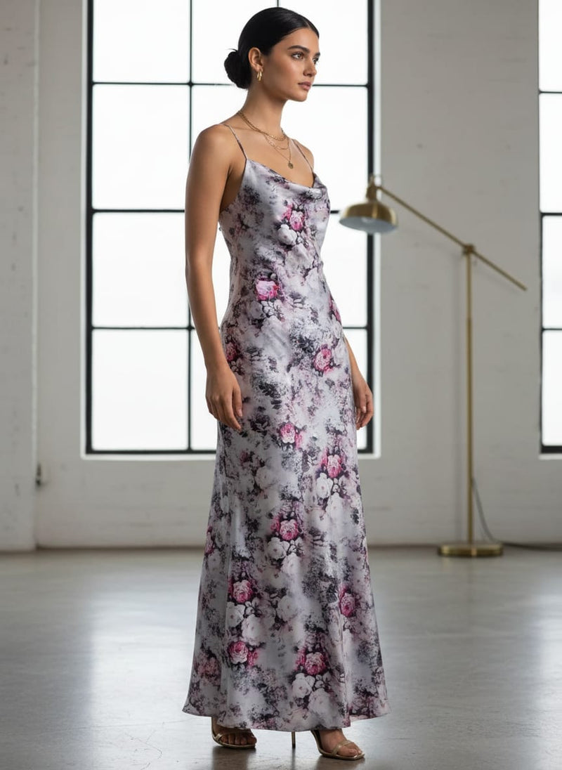 Multicolor Abstract Rose Floral and Script Japan Satin Digital Printed Fabric