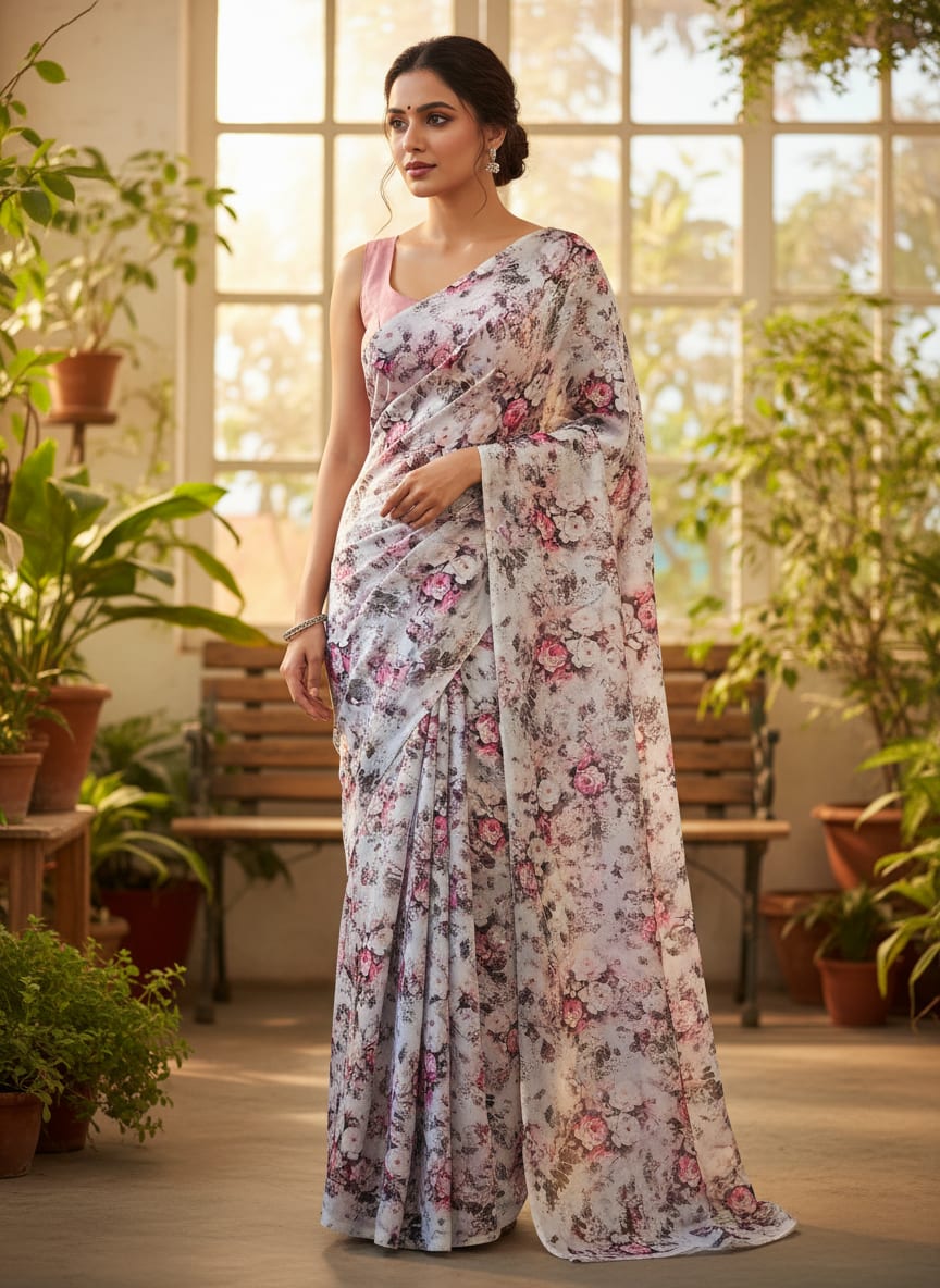 Multicolor Vintage Rose Floral Abstract Silk Crepe Digital Printed Fabric
