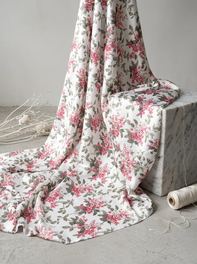 Pink and White Dainty Floral Vine Japan Satin Digital Printed Fabric