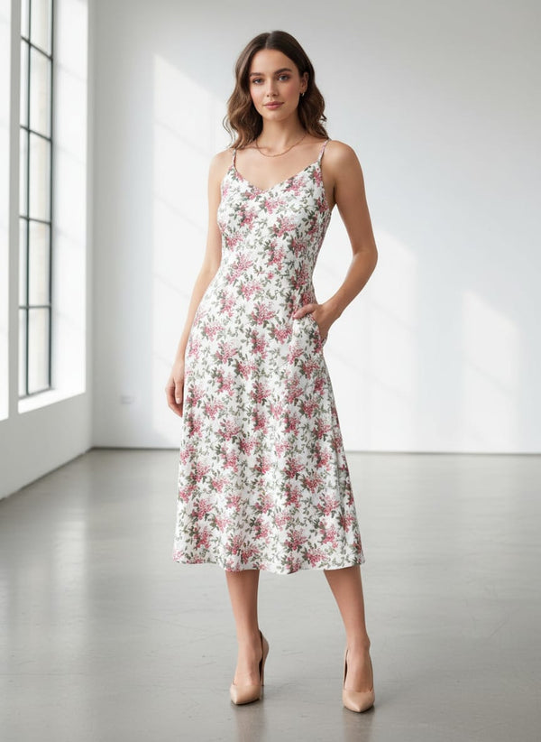 Tiny Daffodil Flower With Birch Leaves Digital Printed Fabric - Japan Satin - Slip Dress Lookbook - JS-0-MA016202-110 - alternate view