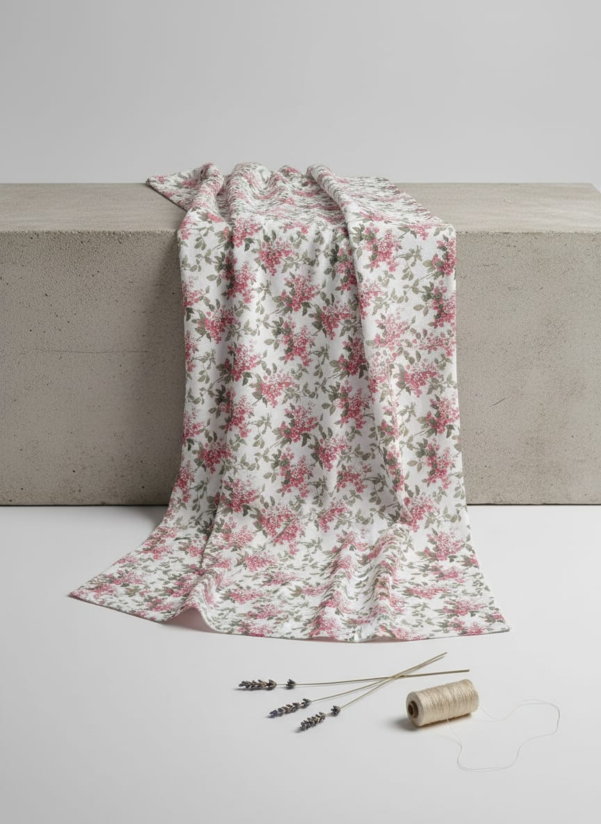 White Delicate Floral Vine Print Weightless Digital Printed Fabric